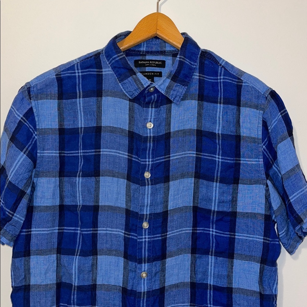 BANANA REPUBLIC 100% Linen Camden Fit Short Sleeve Button Down Blue Plaid - Picture 2 of 4